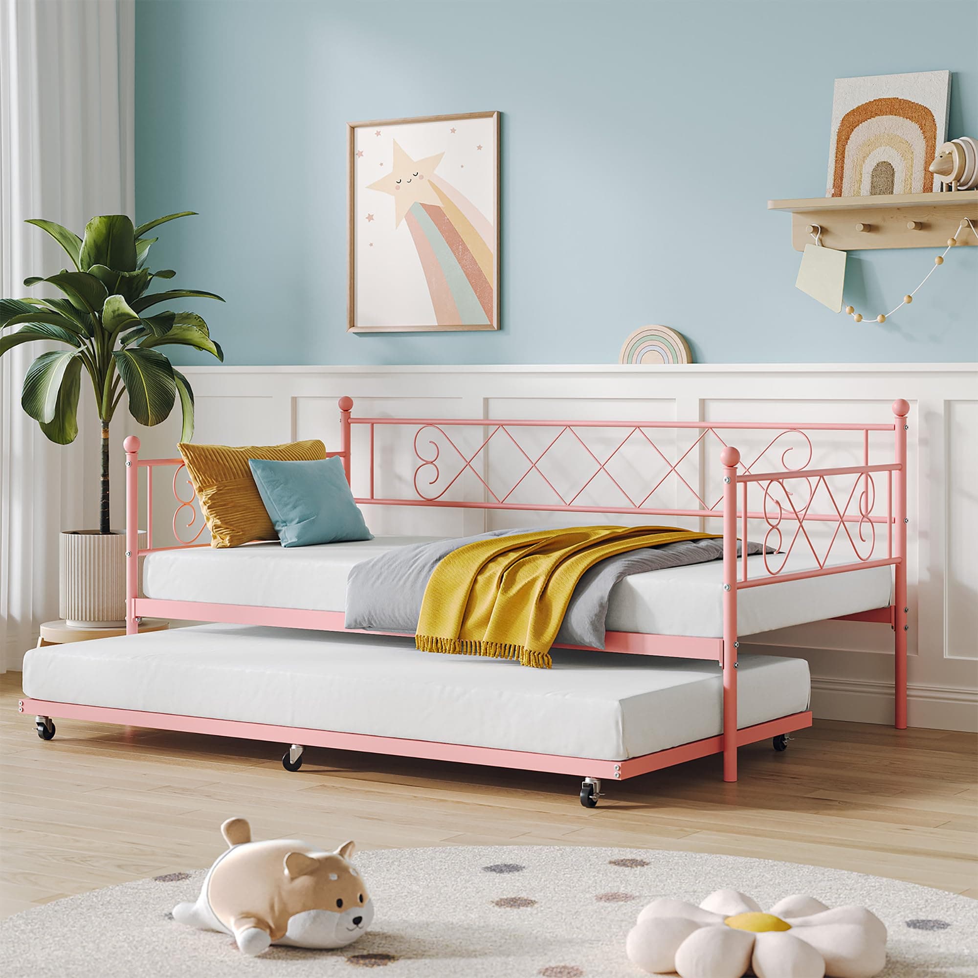 IDEALHOUSE Metal Twin Daybed with Trundle & Stylish Pink Headboard