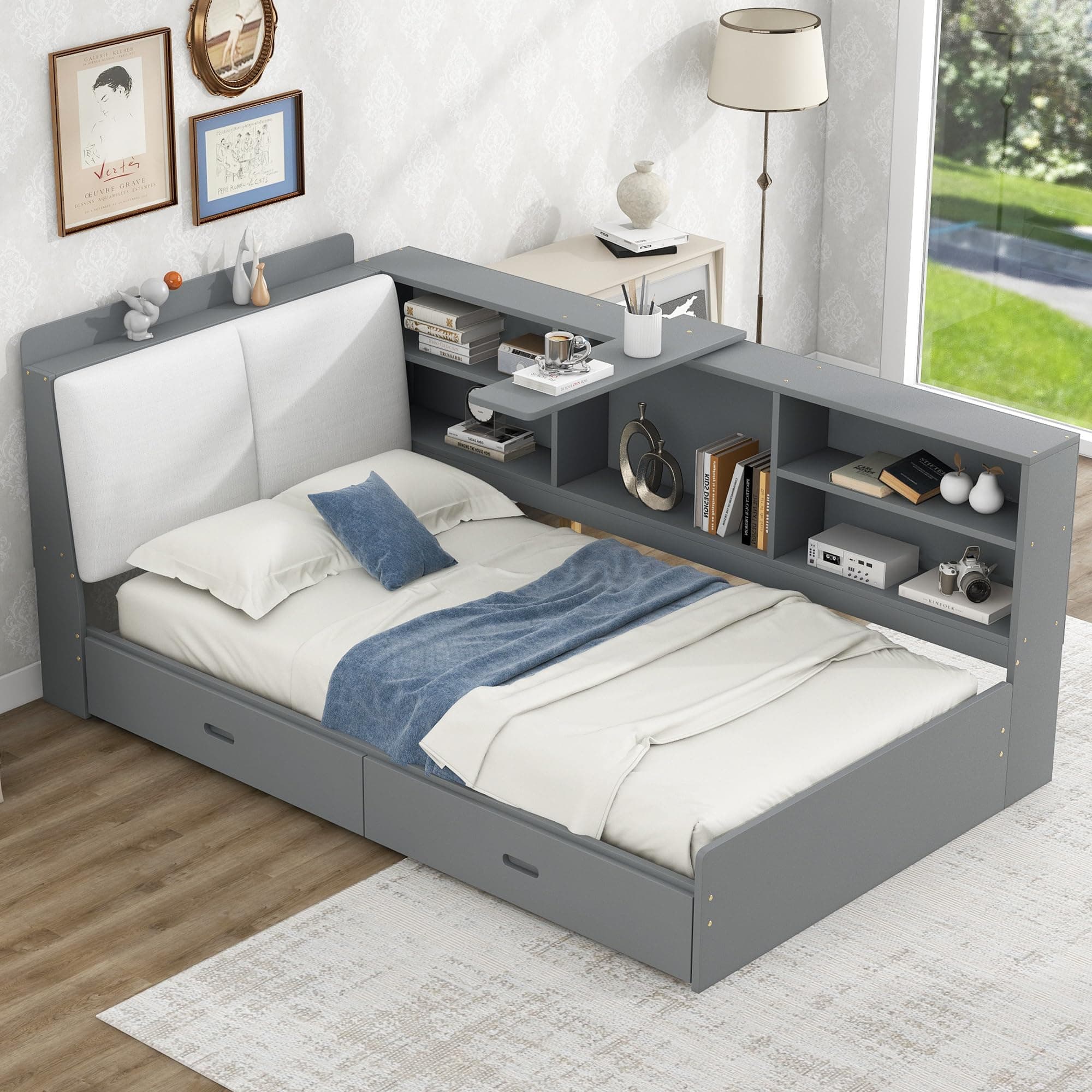 Twin L-Shaped Daybed with Upholstered Headboard & Drawers, Gray Captains Bed & Bookcase