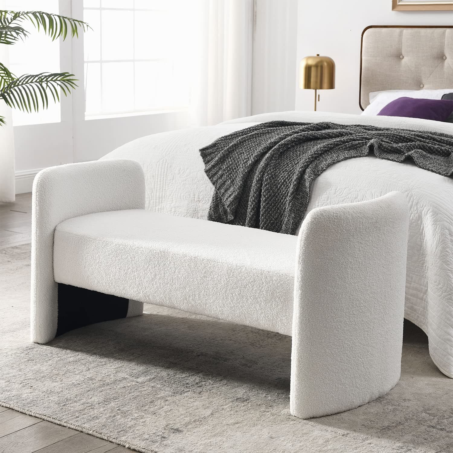 End of Bed Ottoman Bench, 52 Upholstered Entry Bench with Teddy Fabric for Living Room and Bedroom
