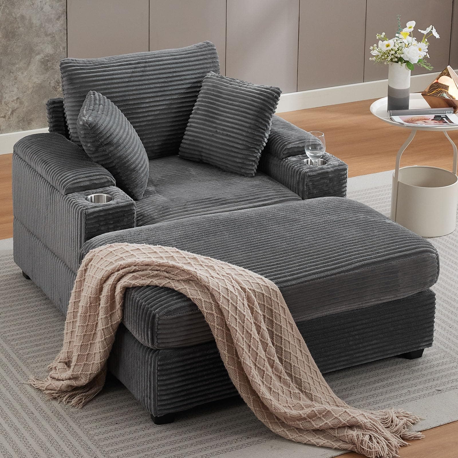 Oversized Grey Chaise Lounge Chair with Ottoman & Storage