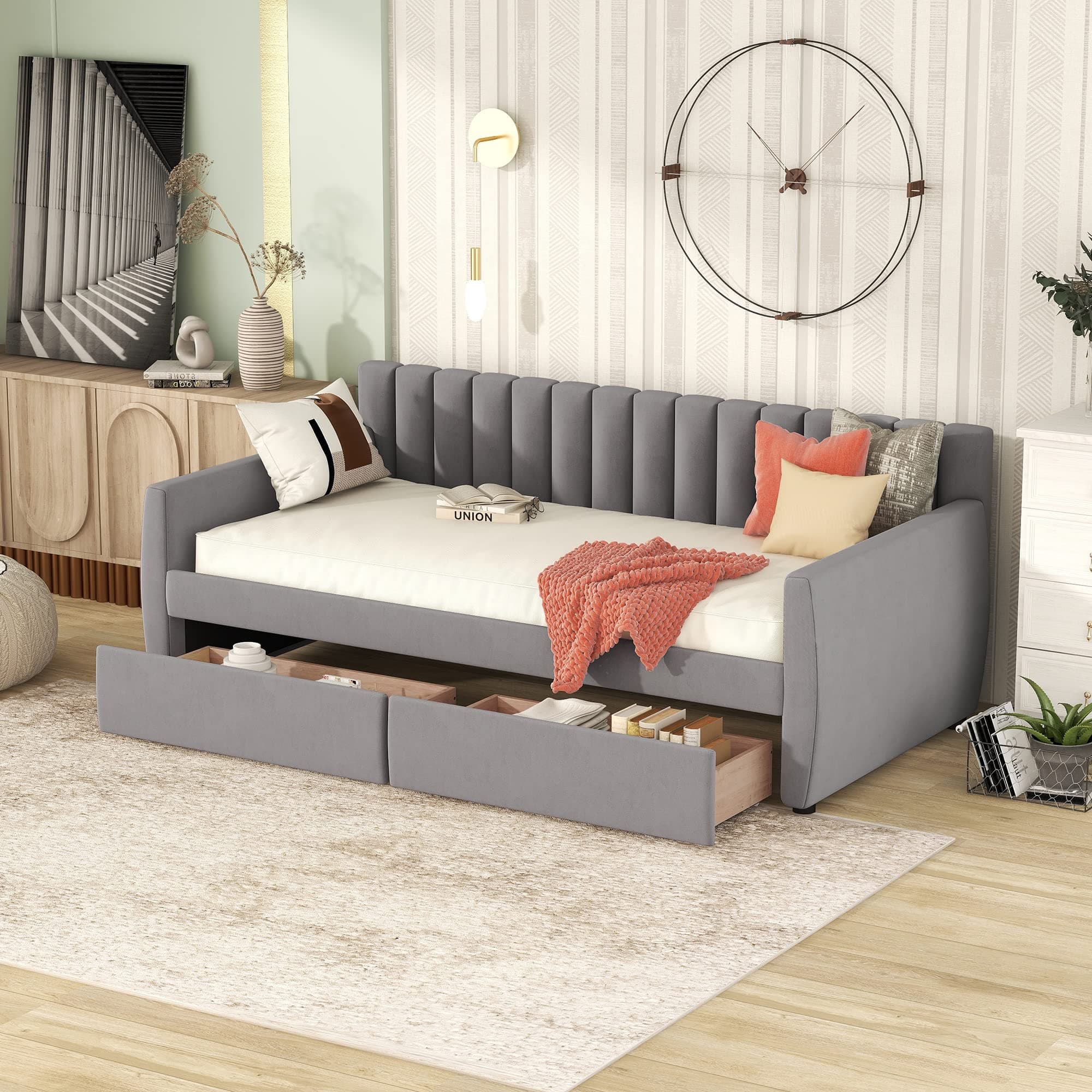 Bellemave Twin Size Daybed with Storage Drawers, Velvet Upholstered Sofa Bed
