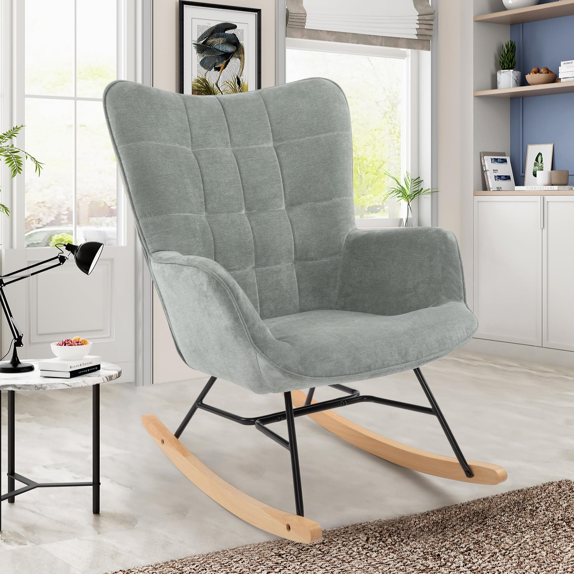 LSSPAID Grey Upholstered Glider Rocking Chair for Living Room & Nursery