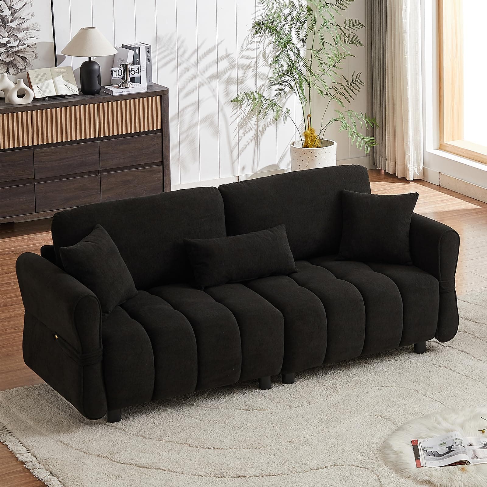 Black 3-Seater Mid Century Chenille Couch with Tufted Design & 3 Pillows