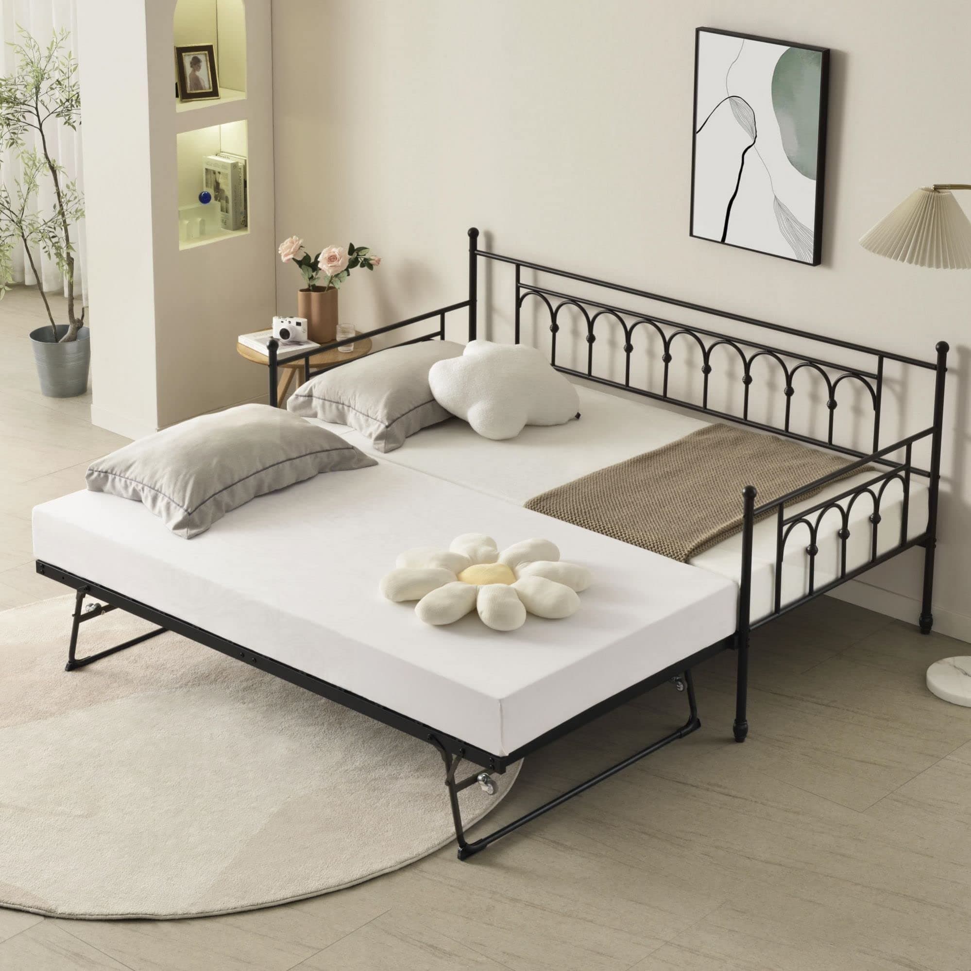 Vintage Twin Day Bed with Pop Up Trundle, Space-Saving Metal Frame for Adults