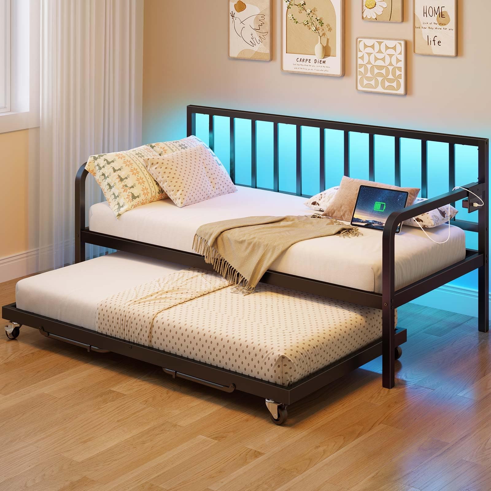 Rolanstar Adjustable Height Twin Daybed with Charging & LED Lights, Black