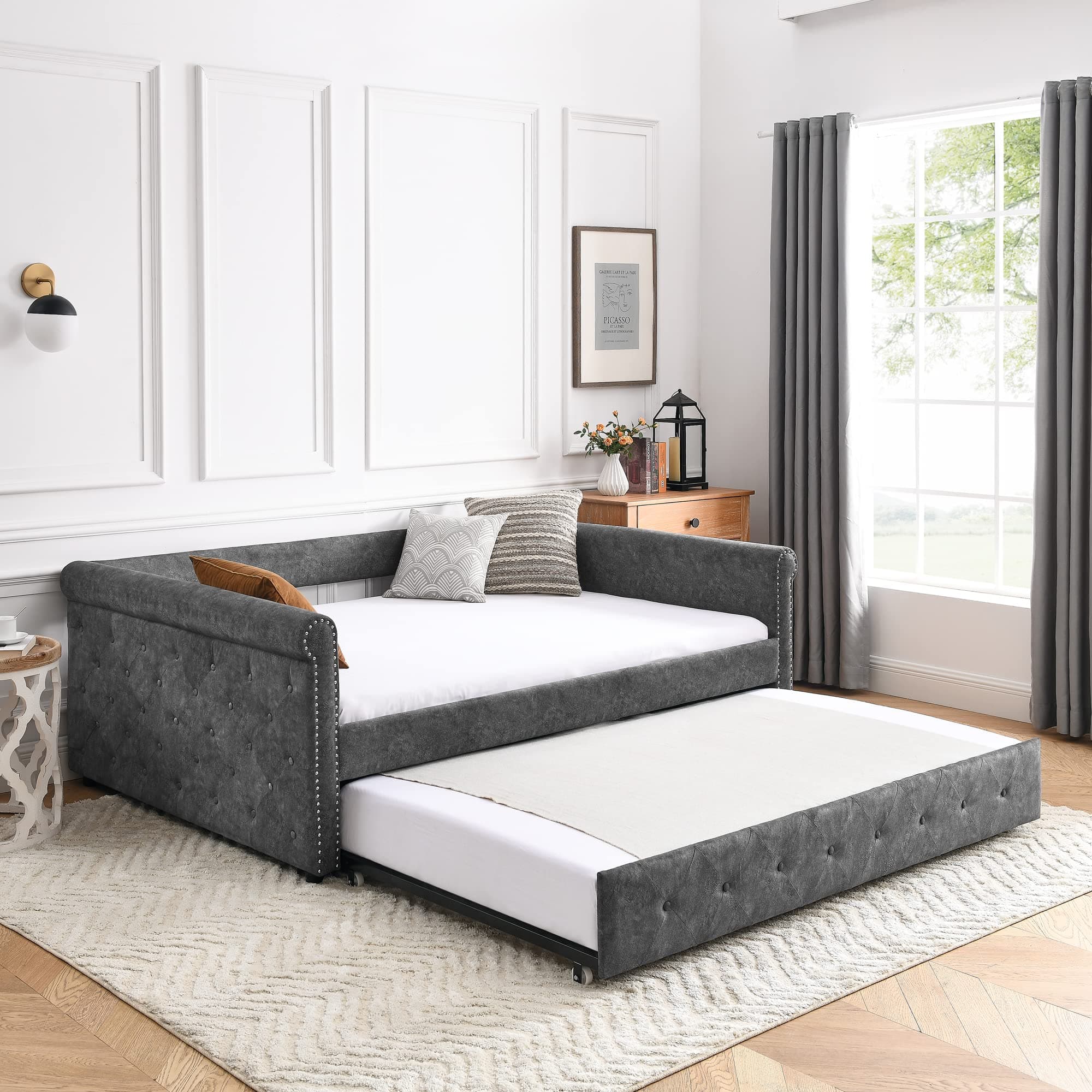 JEEOHEY Modern Velvet Daybed with Trundle, Grey