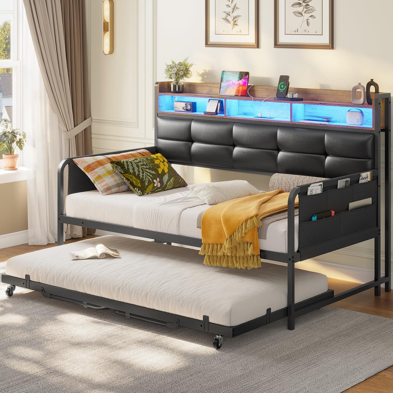 Viagdo Twin Daybed with Charging Station and Storage, Black