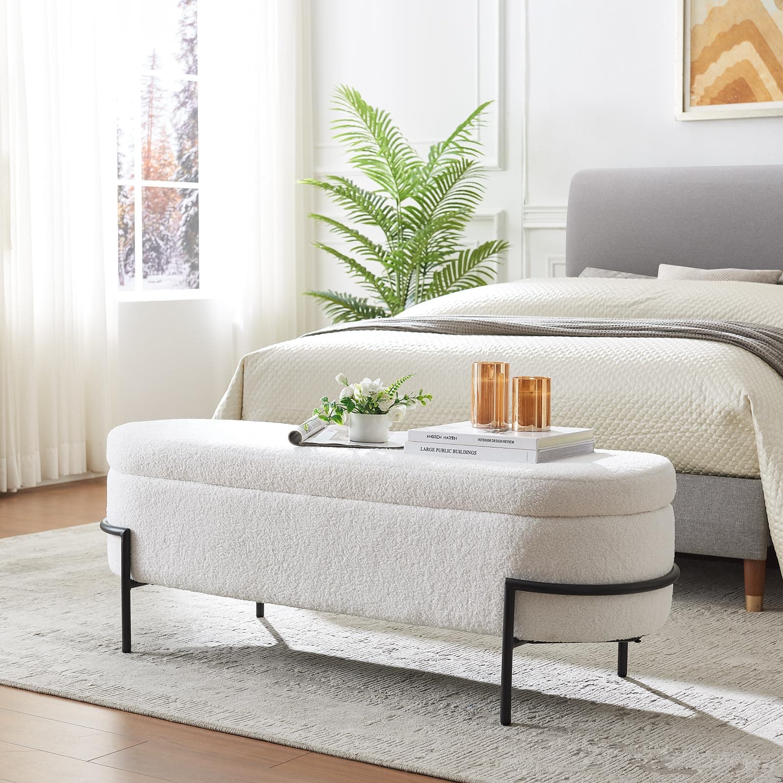 Sherpa Storage Bench, 52 Inch Oval Ottoman with White Upholstery and Metal Stand