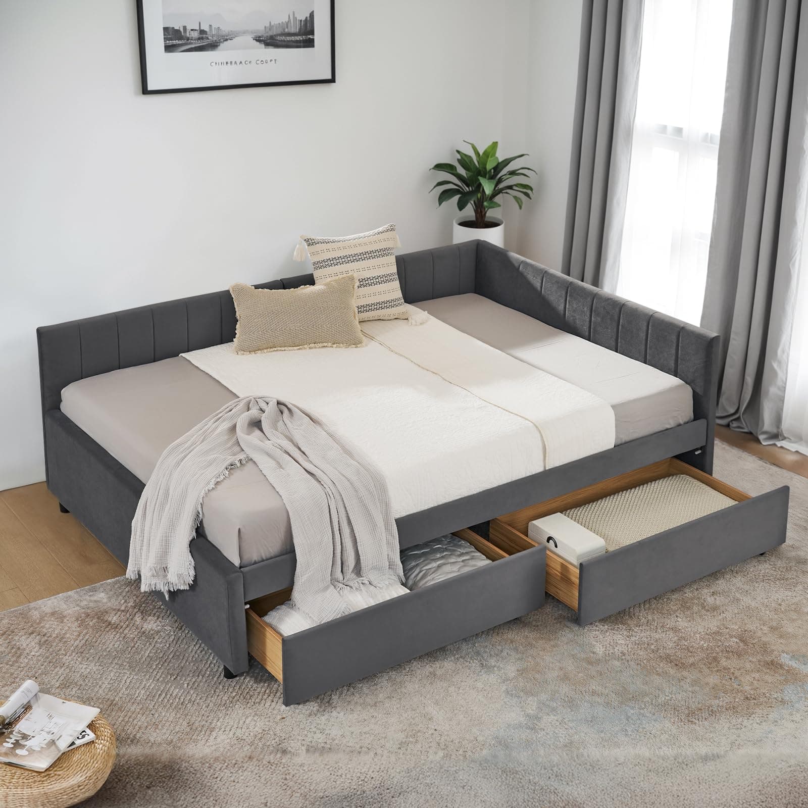 JEEOHEY Full Size Velvet Striped Daybed with Storage, Grey