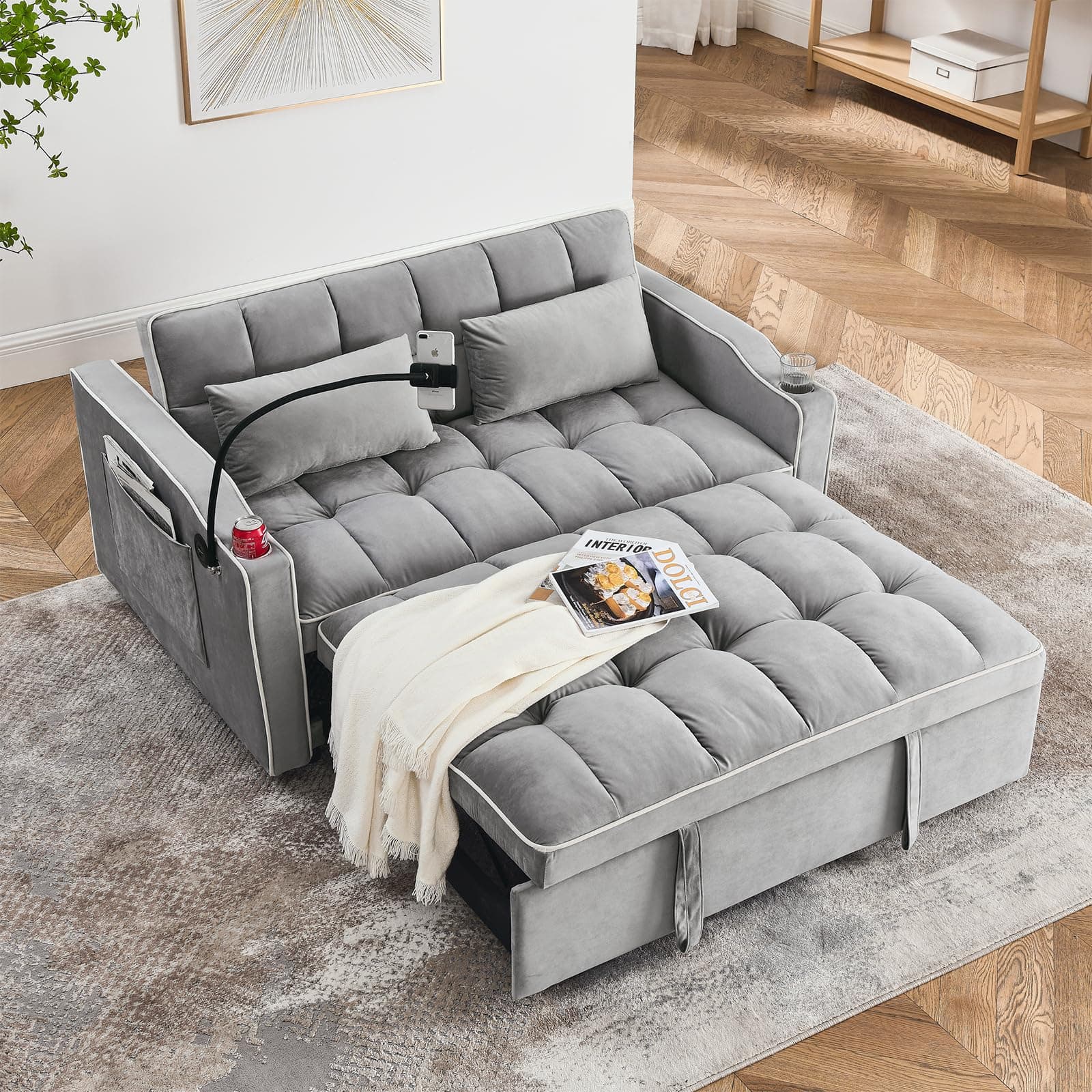 3-in-1 Velvet Convertible Sofa Bed with Storage & USB Port, Gray