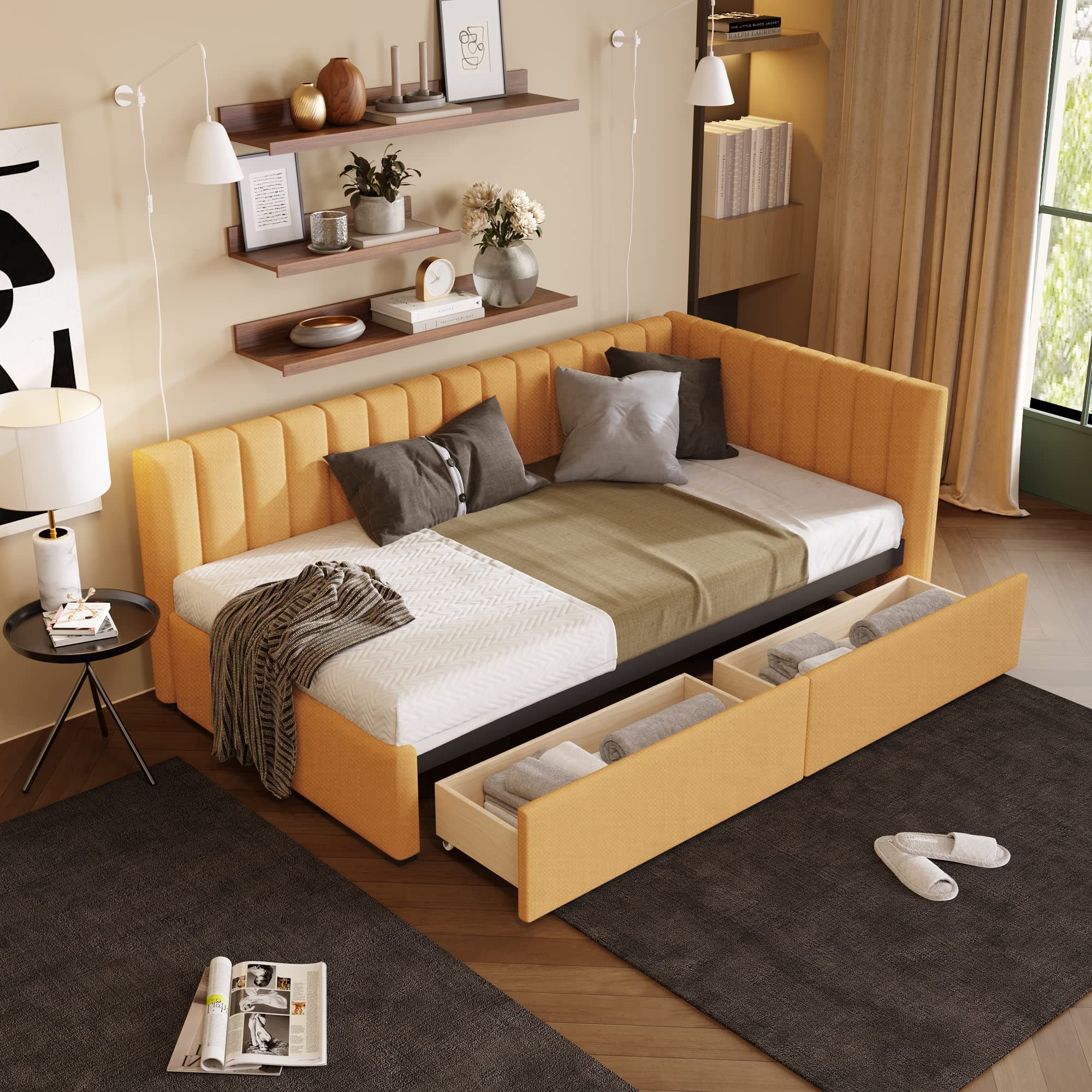Upholstered Daybed with Storage Drawers and Wood Slats, Linen Fabric Sofa Bed Frame - Twin Size (Yellow)