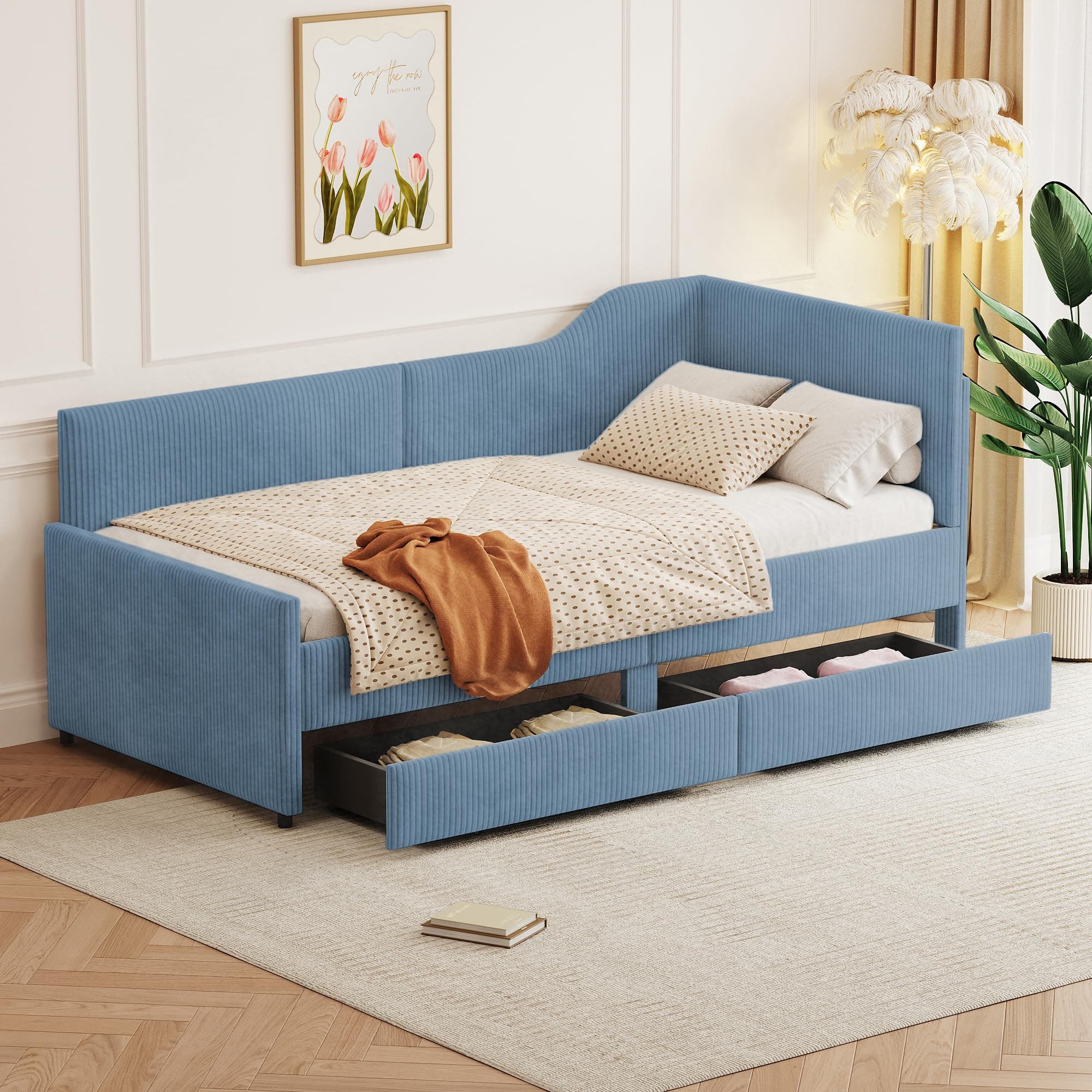 Merax Twin Size Corduroy Daybed with Storage Drawers & Wood Slat Support, Blue