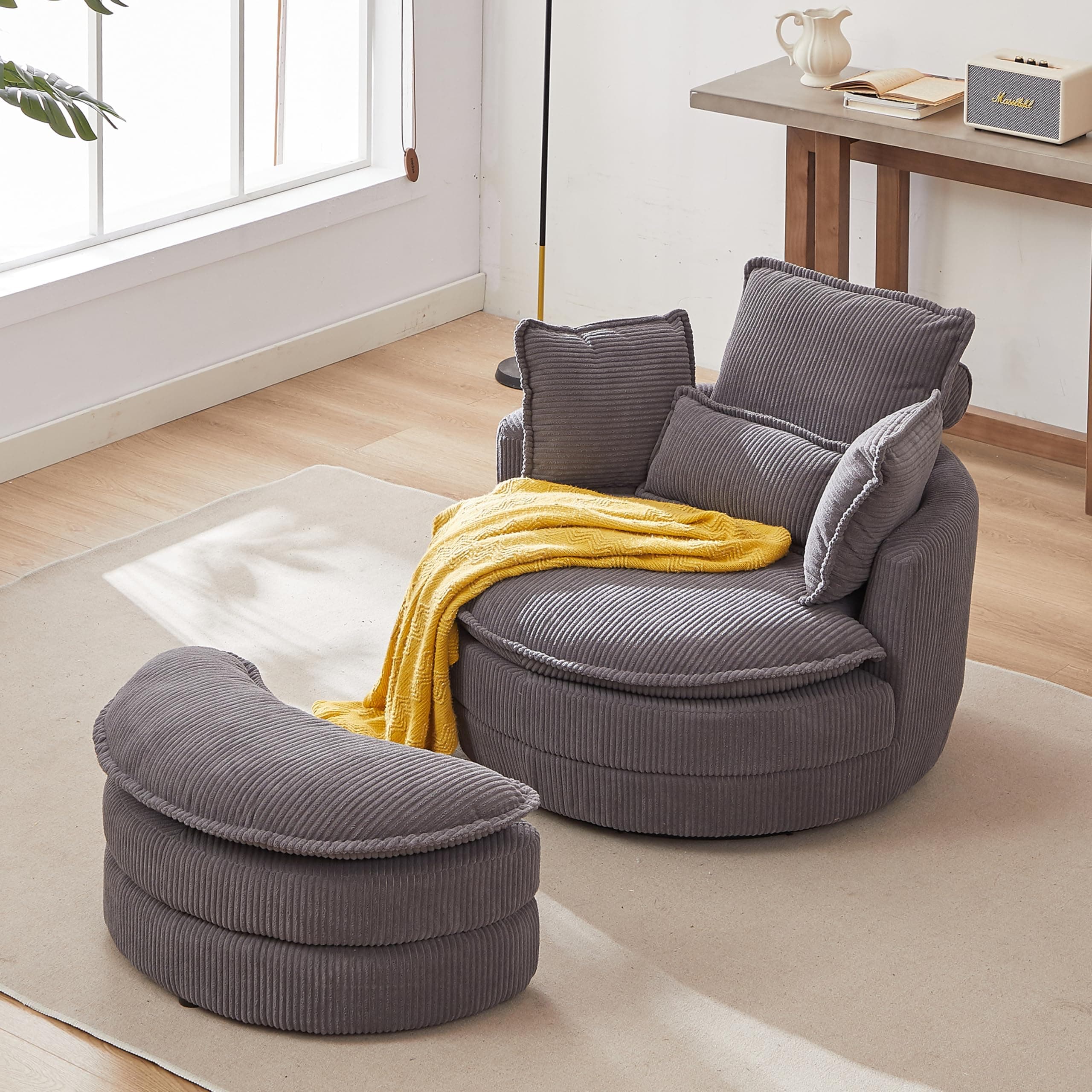 38" Oversized Swivel Chair with Moon Storage Ottoman, Modern Grey Living Room Sofa