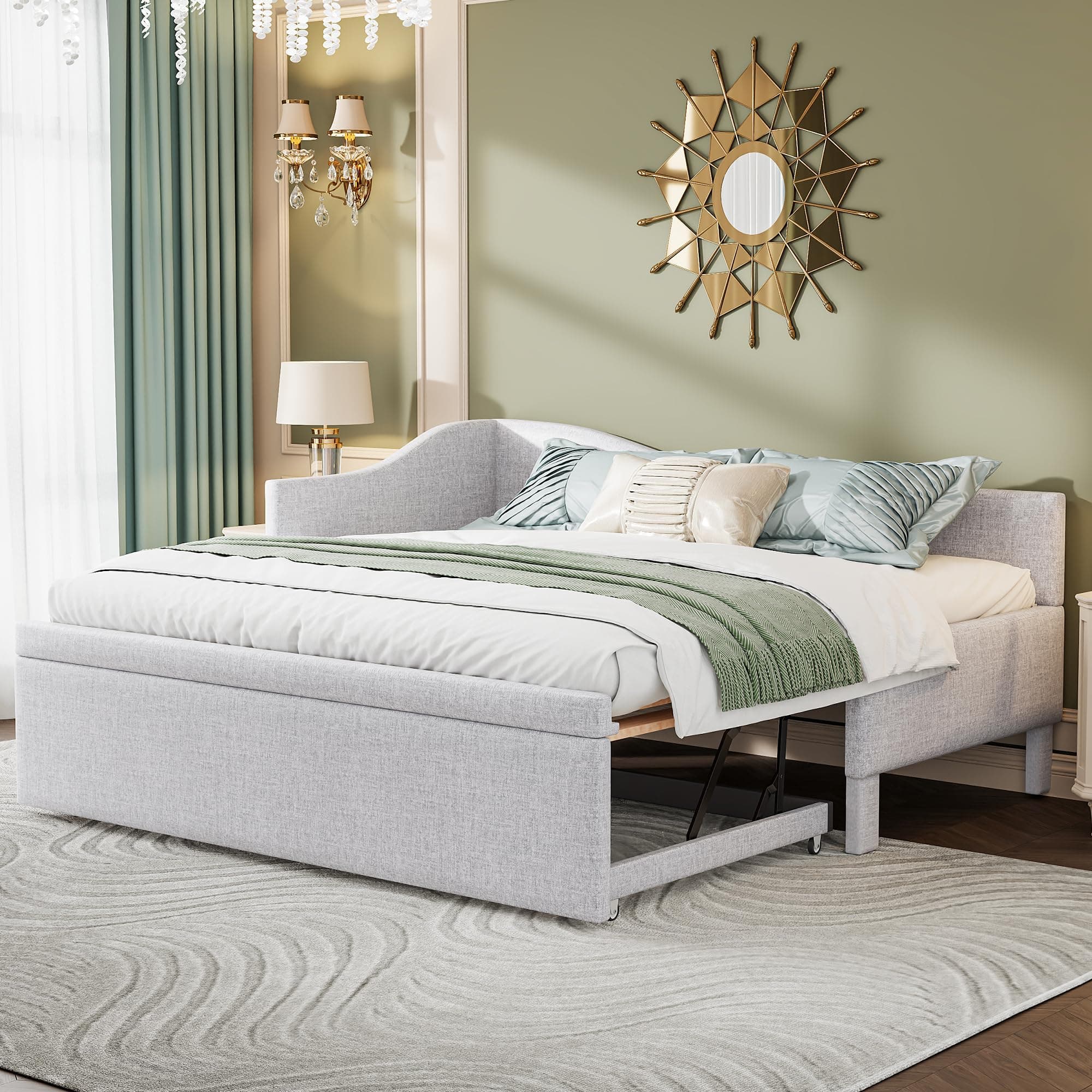 Beige Linen Extendable Day Bed with Pop Up Trundle,Twin to King