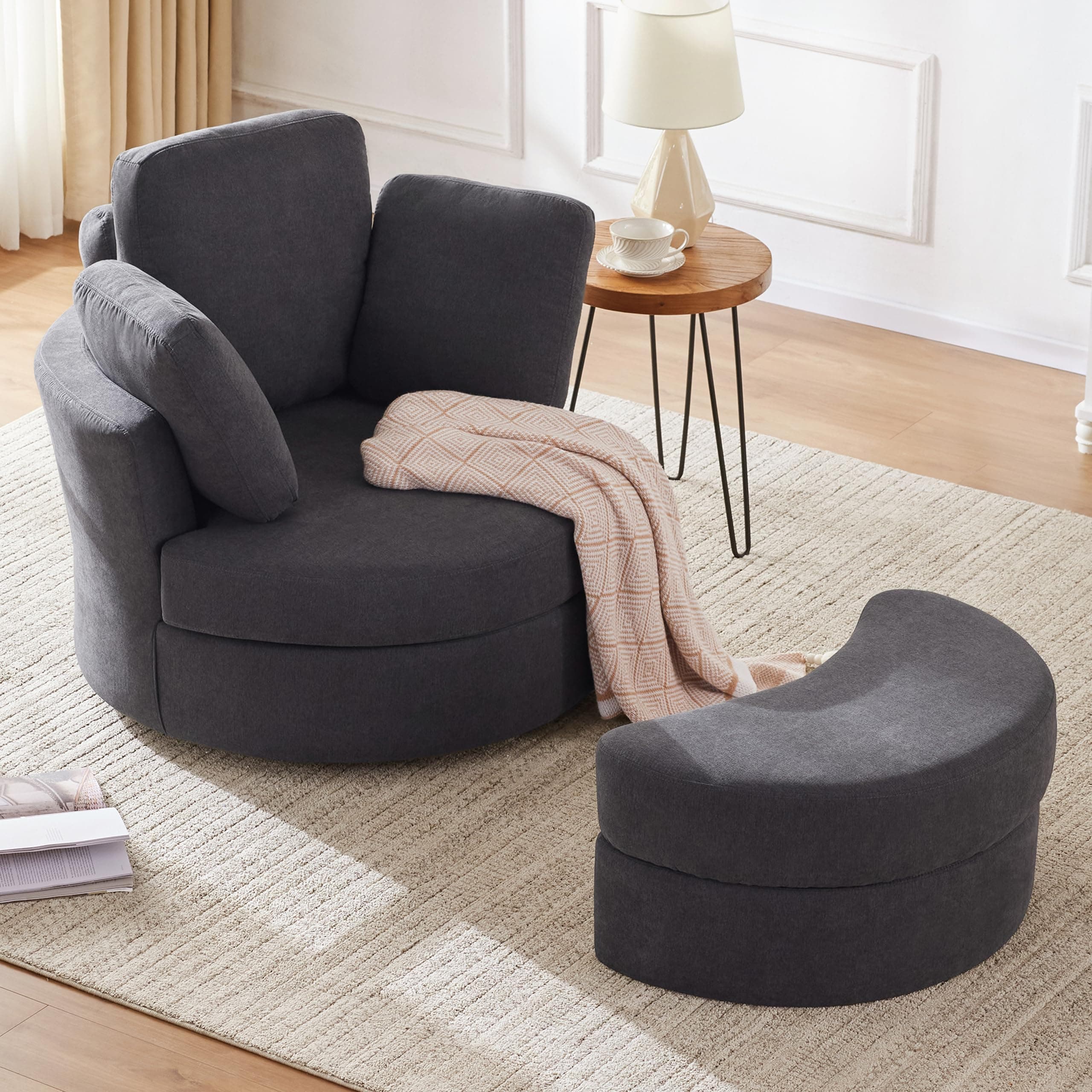 39 Swivel Accent Barrel Chair with Removable Headrest and Ottoman, Grey