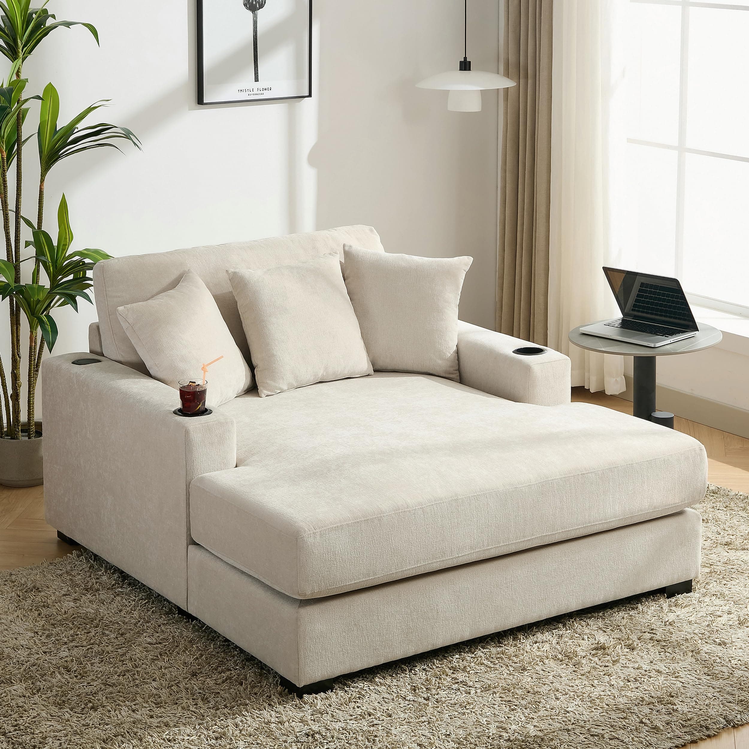 Oversized Cream Chenille Reclining Chaise Longue with Pillows & Charging Station