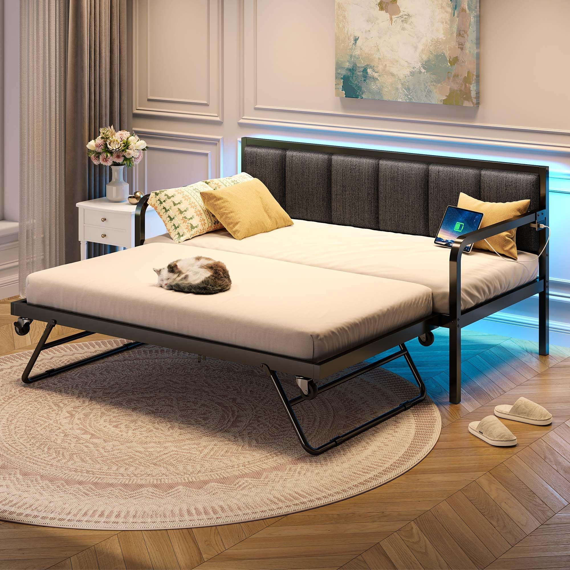 Rolanstar Adjustable Height LED Daybed with USB, Grey Upholstery for Living Room