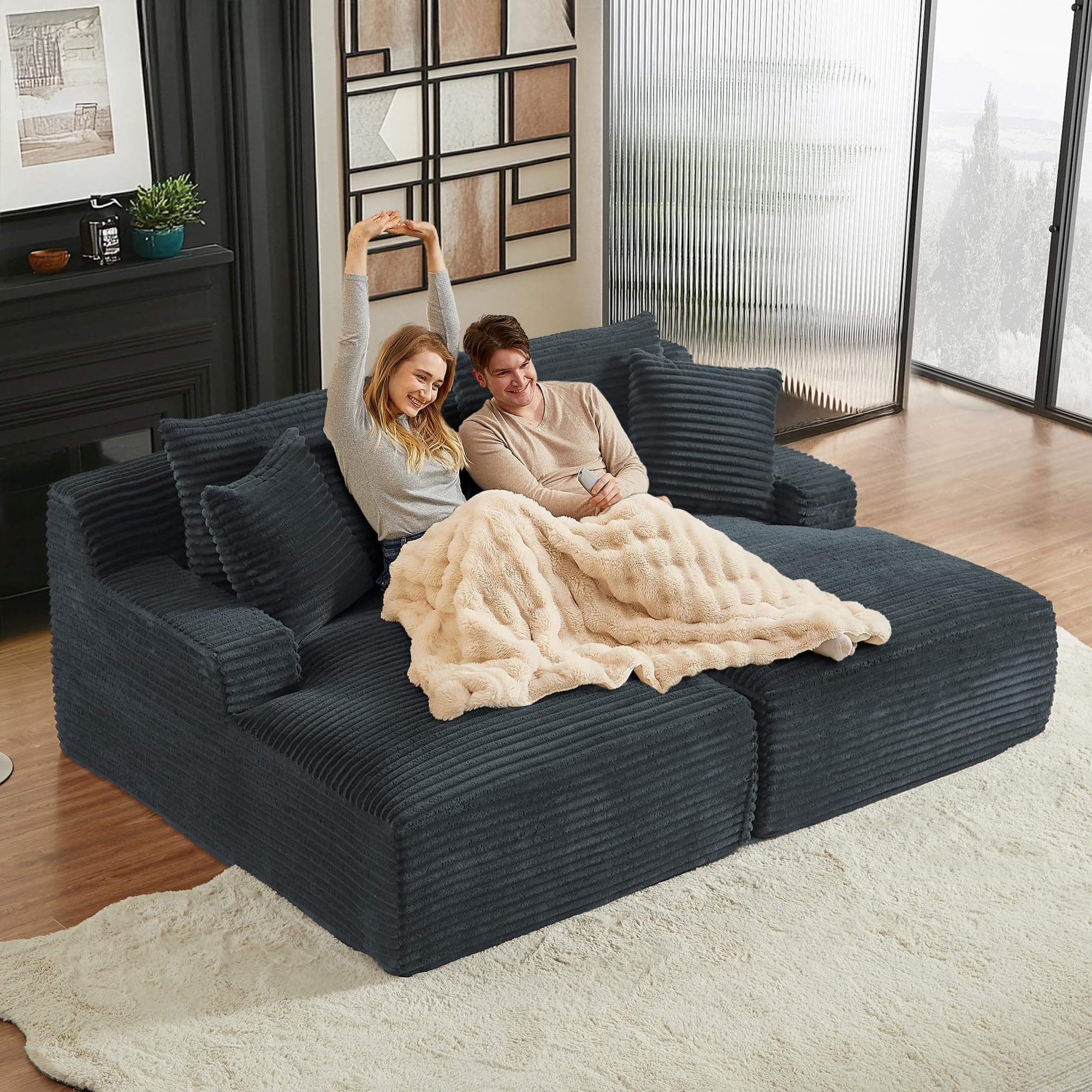 79" Dark Grey Corduroy Oversized Chaise Lounge Couch for Living Room