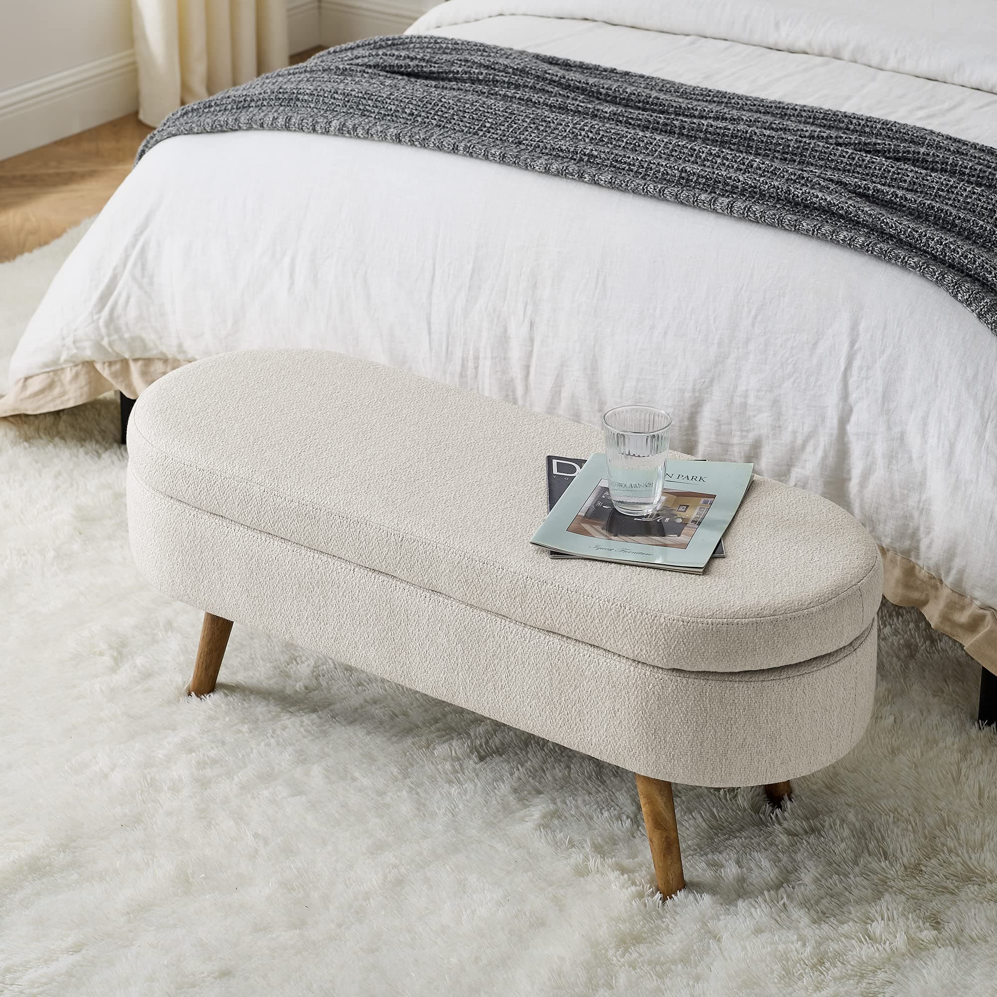 Storage Ottoman Bench End of Bed, 43 Oval Linen Fabric Bench for Living Room, Bedroom, Entryway