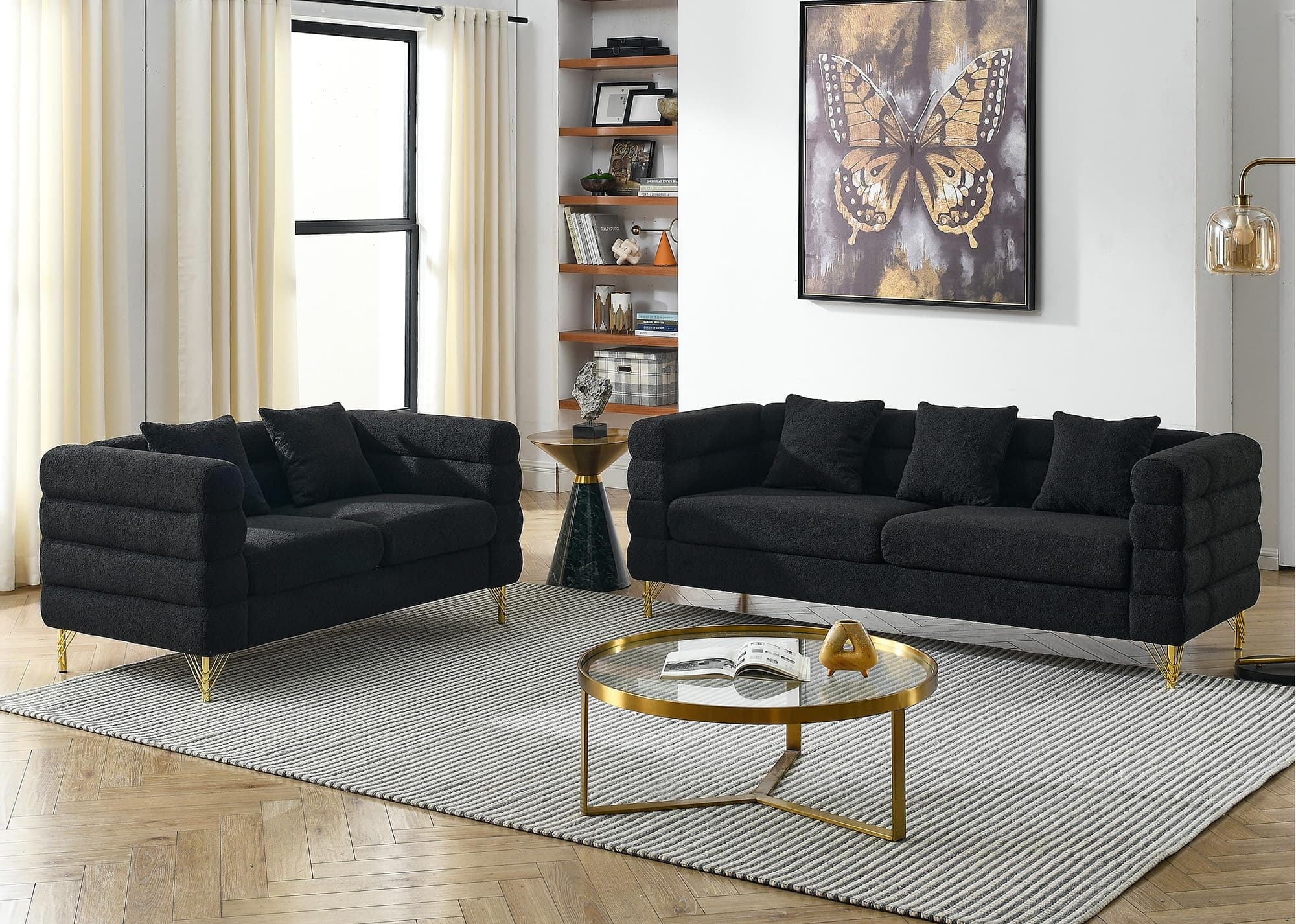 Modern Oversize 2-Piece Sofa Set in Black Bouclé Cloud Fabric