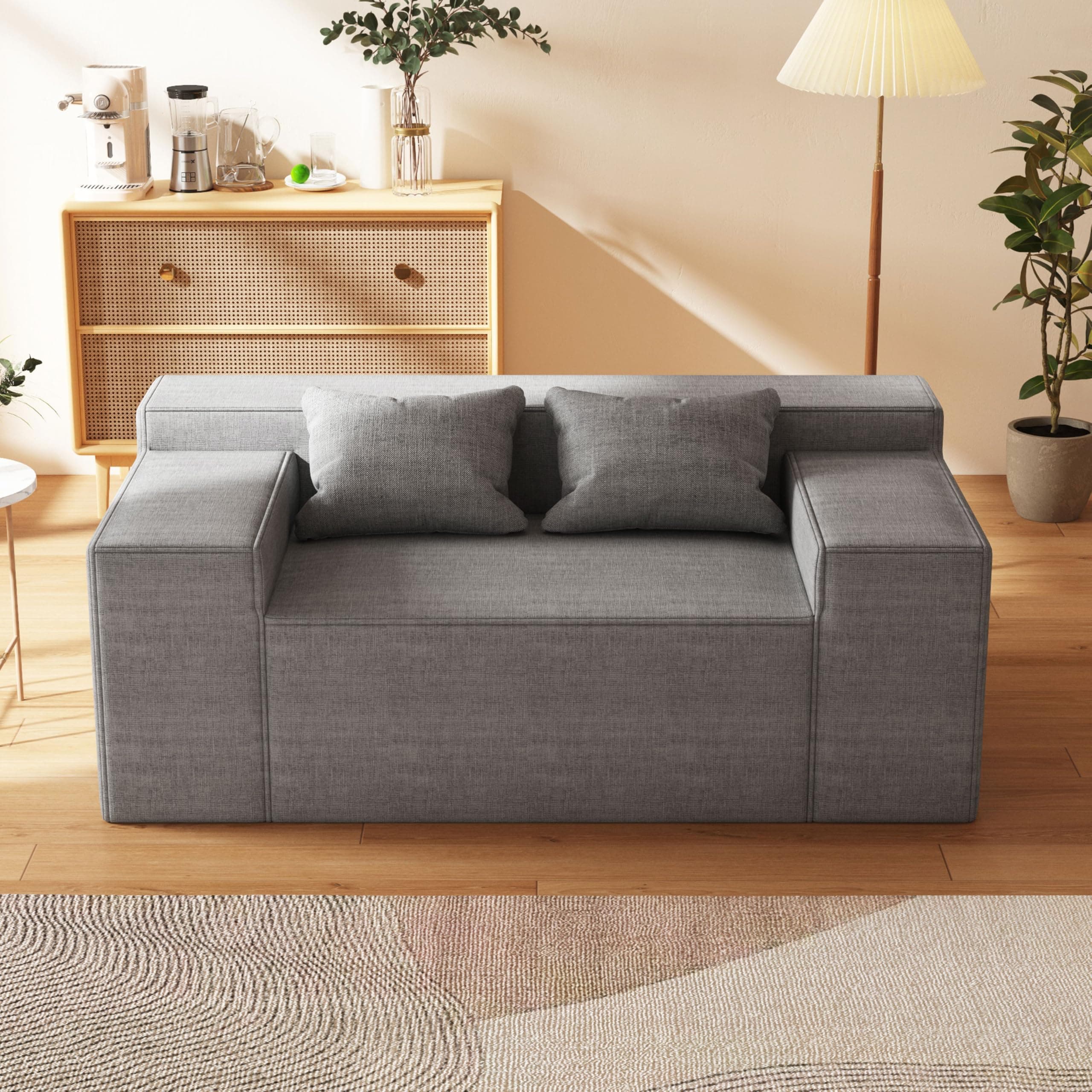 Modern Loveseat Sofa for Small Spaces, No Assembly Needed, Sleeper Sofa with Pillows, Cat-Scratch Resistant Linen - Grey