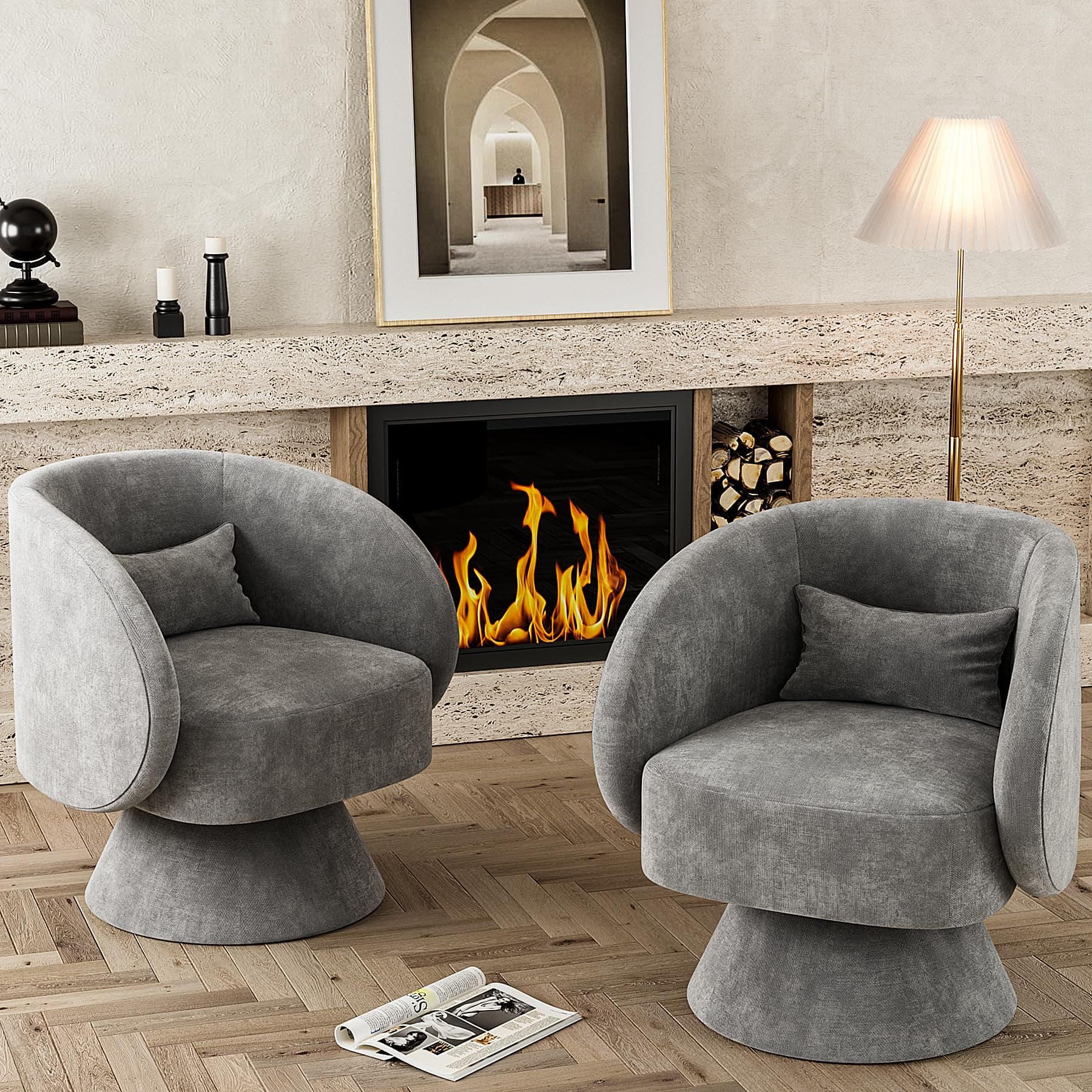 Set of 2 Swivel Barrel Chairs, Upholstered Cuddle Accent Sofa Chairs for Living Room