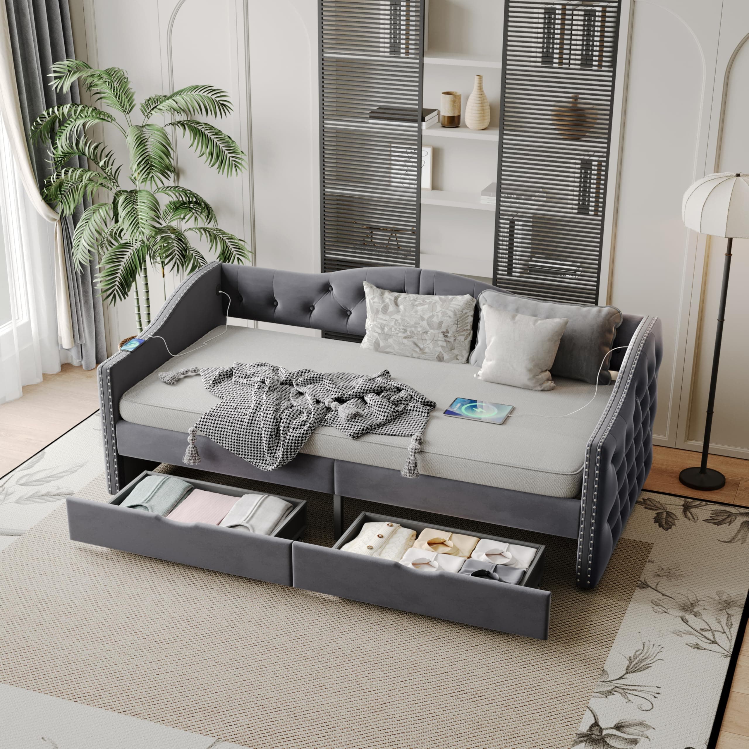Twin Upholstered Daybed with Storage, Button-Tufted Velvet Sofa Bed,Haze Grey