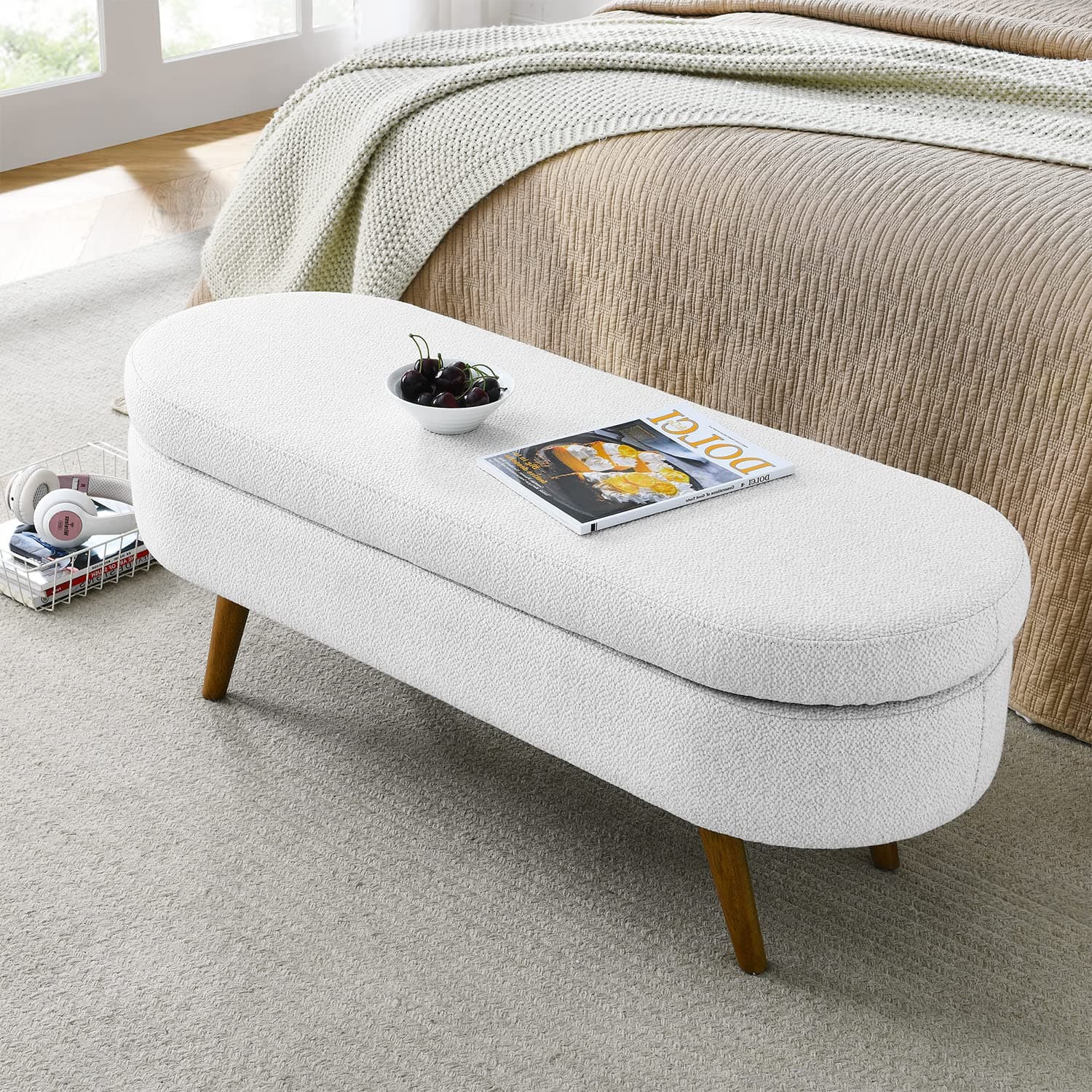 White Linen Storage Ottoman Bench, 43 Oval Entry Bench for Living Room and Bedroom