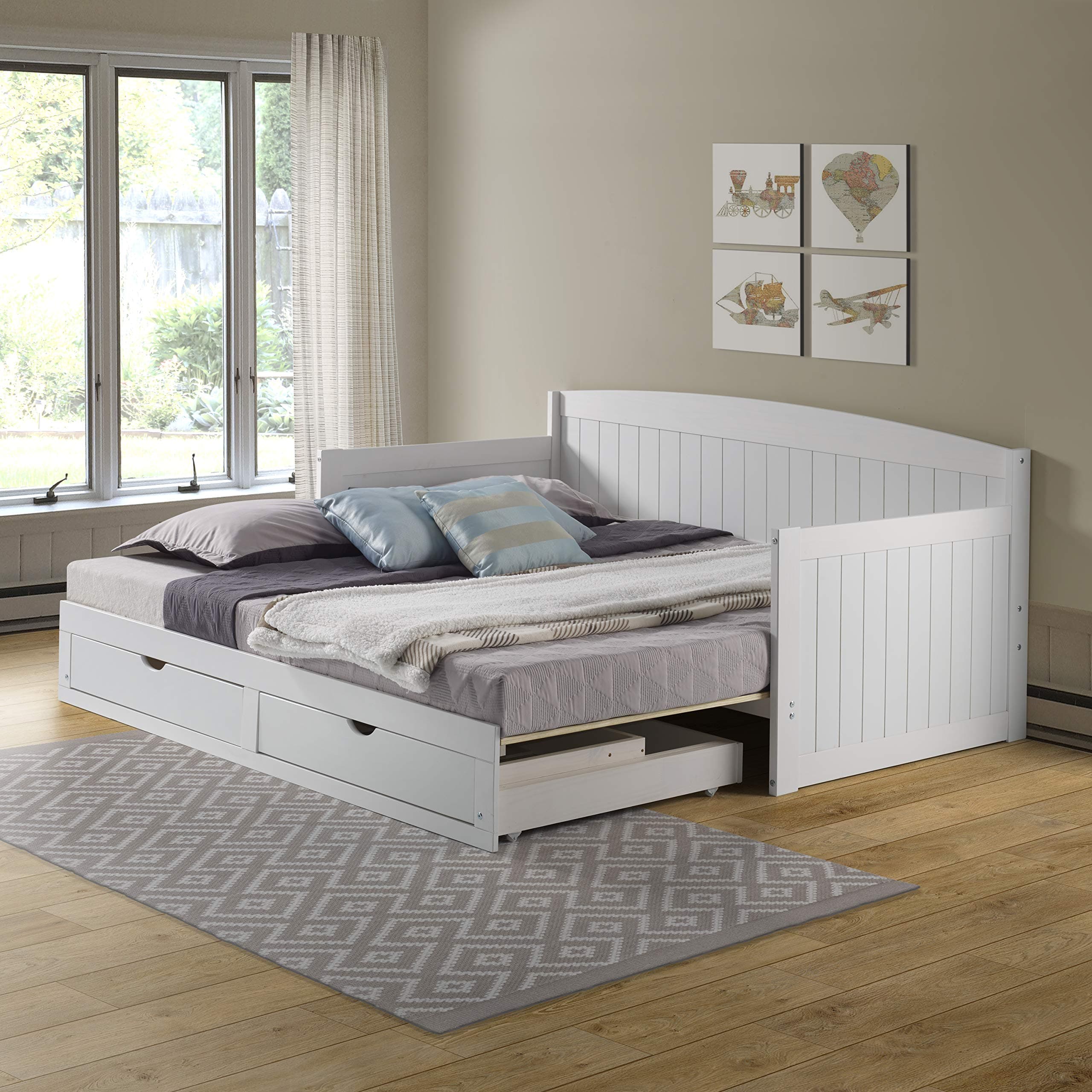 Alaterre Harmony Wood Daybed, White, Twin Size, Sturdy Durable Trundle Bed