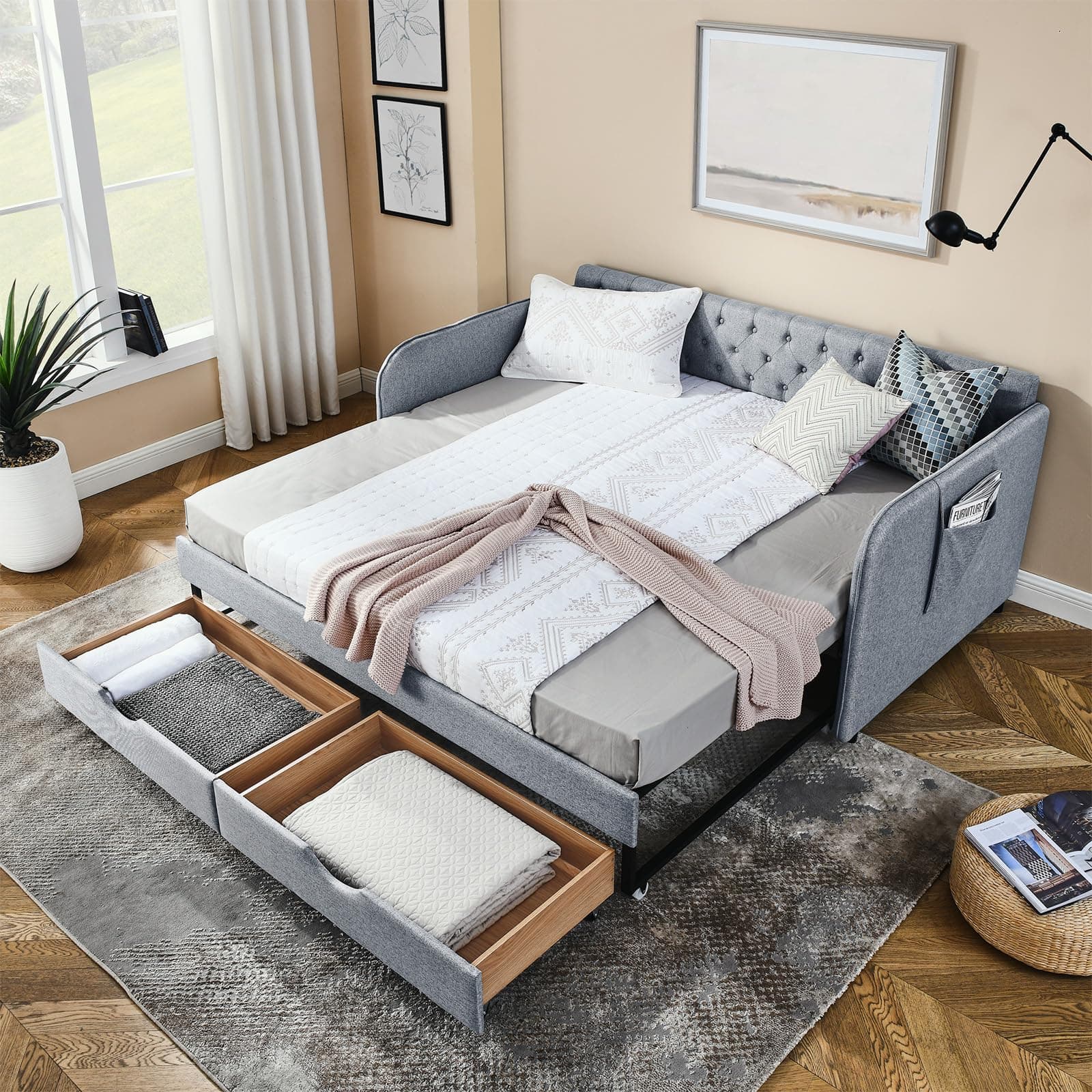 Twin Size Day Bed with Trundle and Storage Drawers in Grey