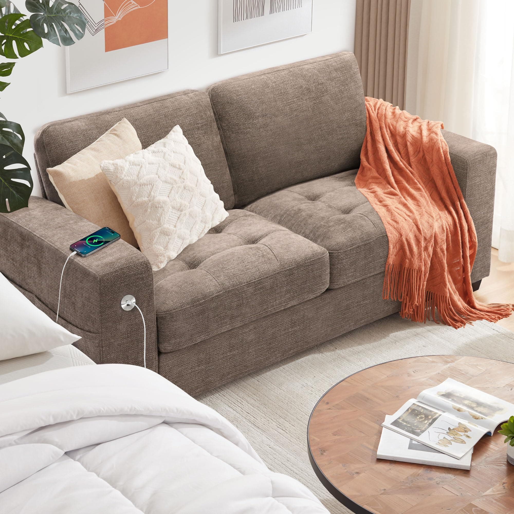 Ihanherry 70 Inch Loveseat with Charging Port & Side Pocket, Comfortable Modern Sofa