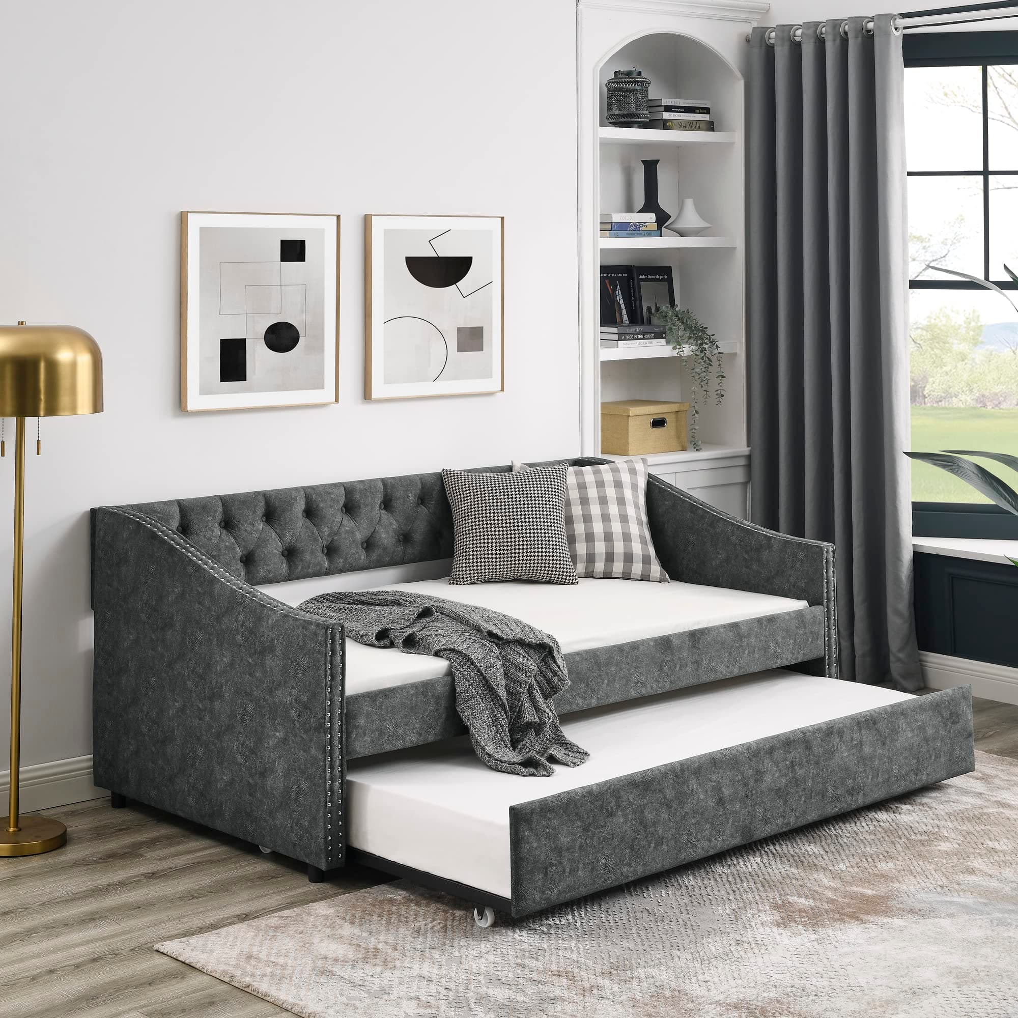 Modern Upholstered Daybed with Trundle for Twin Size, Grey