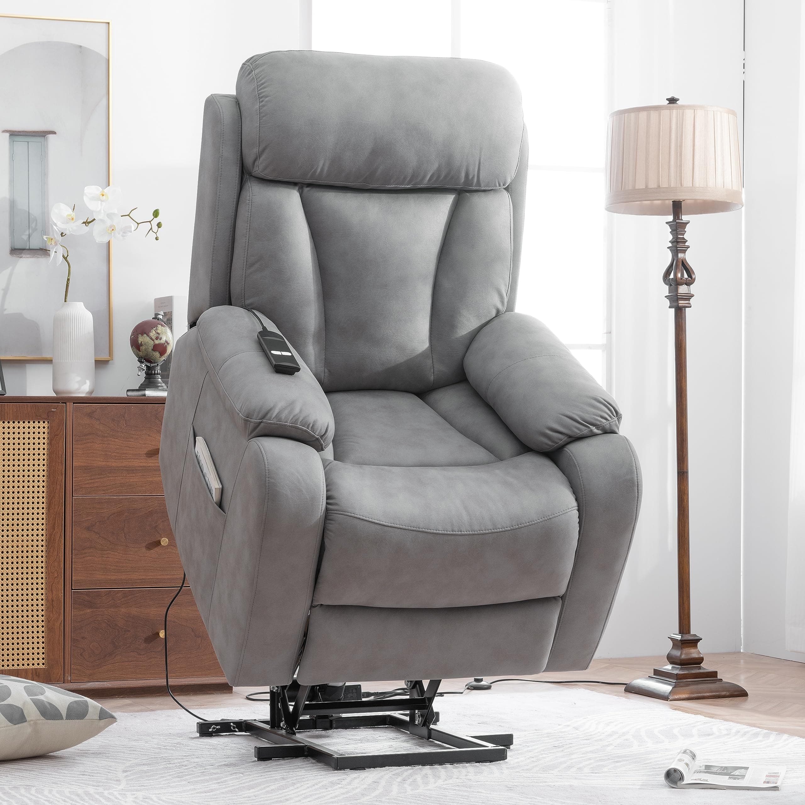 Modern Elderly Power Lift Chair Recliners Leathaire Electric Lift Recliner Chair with Side Pocket for Living Room and Bedroom (Light Gray)