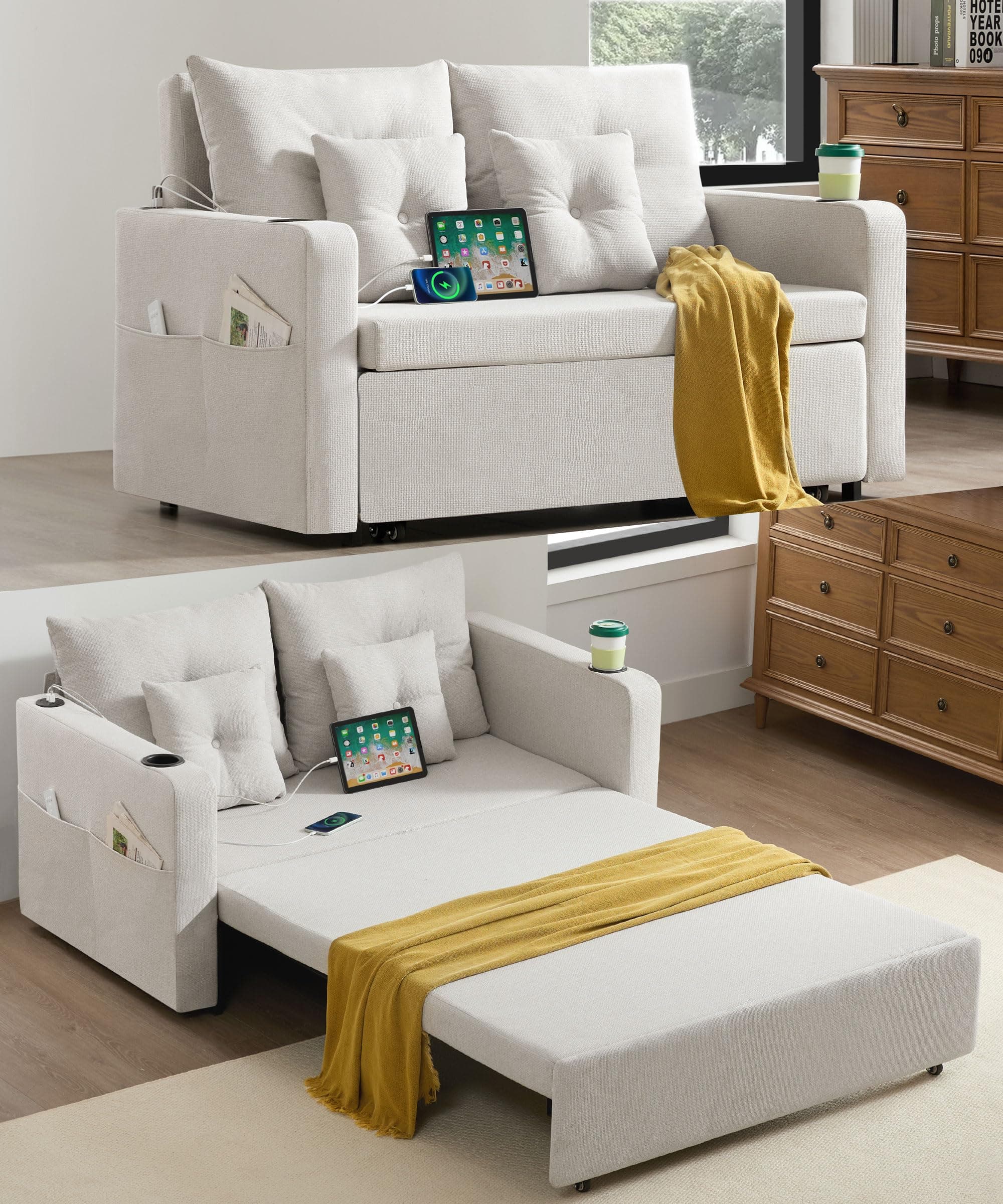 3-in-1 Pull-Out Couch, 56" Convertible Sleeper Sofa, Beige, Living Room/Bedroom Furniture