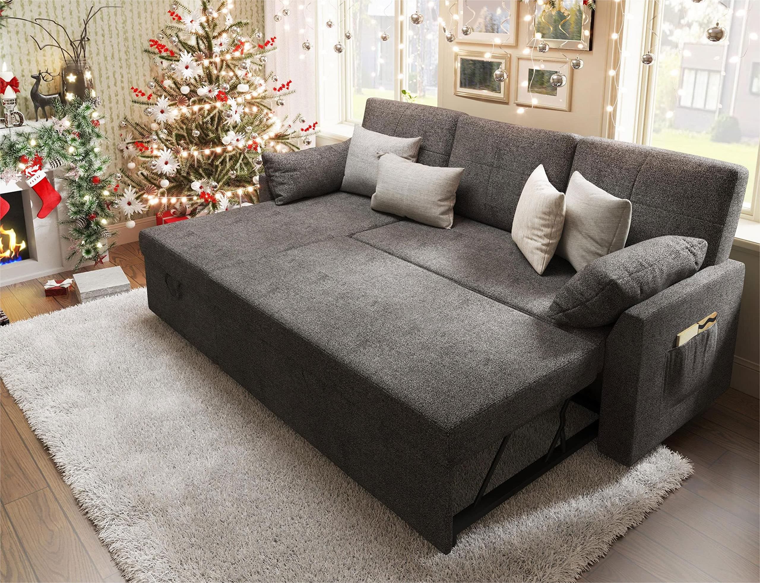 VanAcc 2-in-1 Sleeper Sofa Bed with Storage Chaise - Grey Linen Couch for Living Room