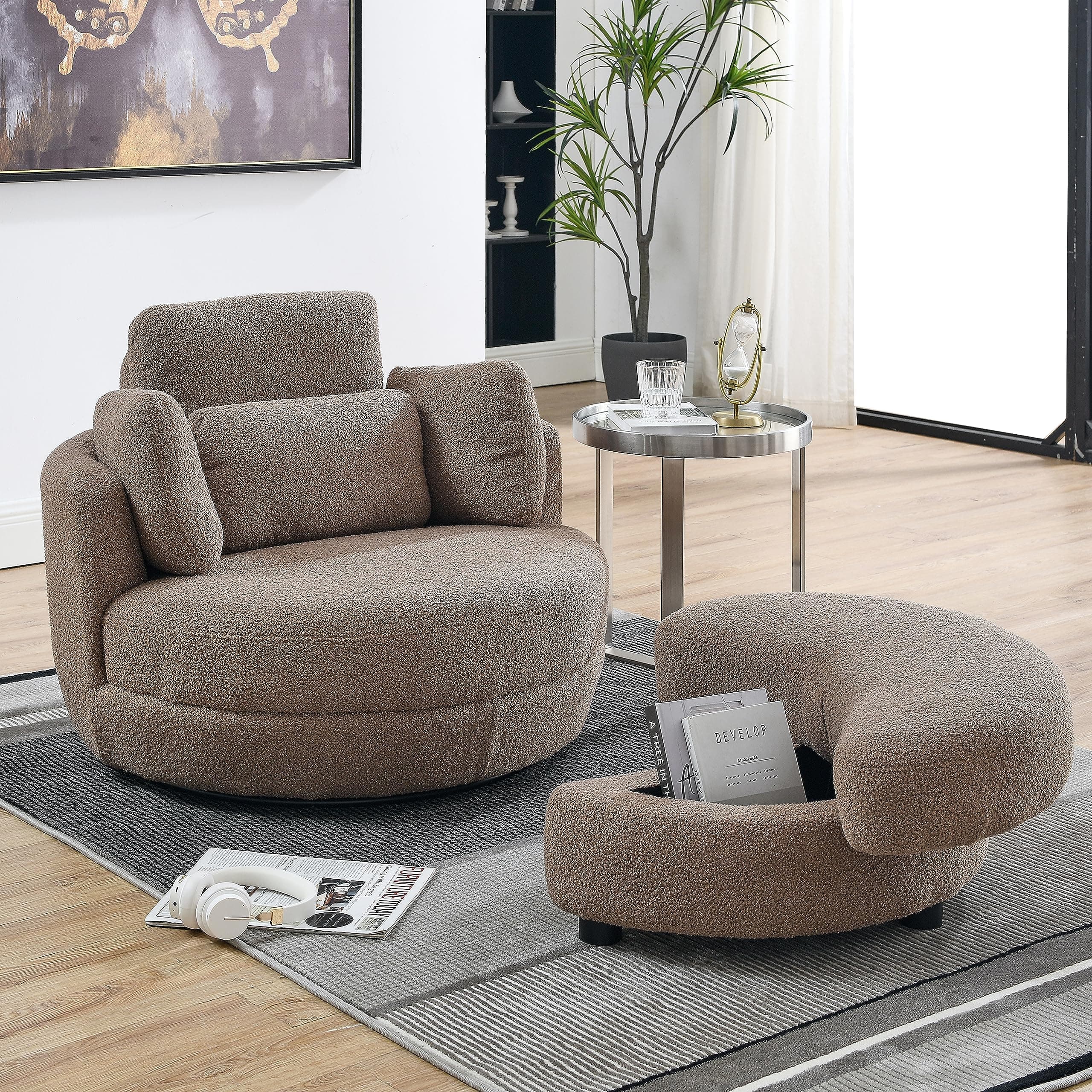 360-Degree Swivel Barrel Chair with Half Moon Storage Ottoman - Sherpa Teddy Accent Chair for Living Room, Bedroom, Office, and Reading Nook