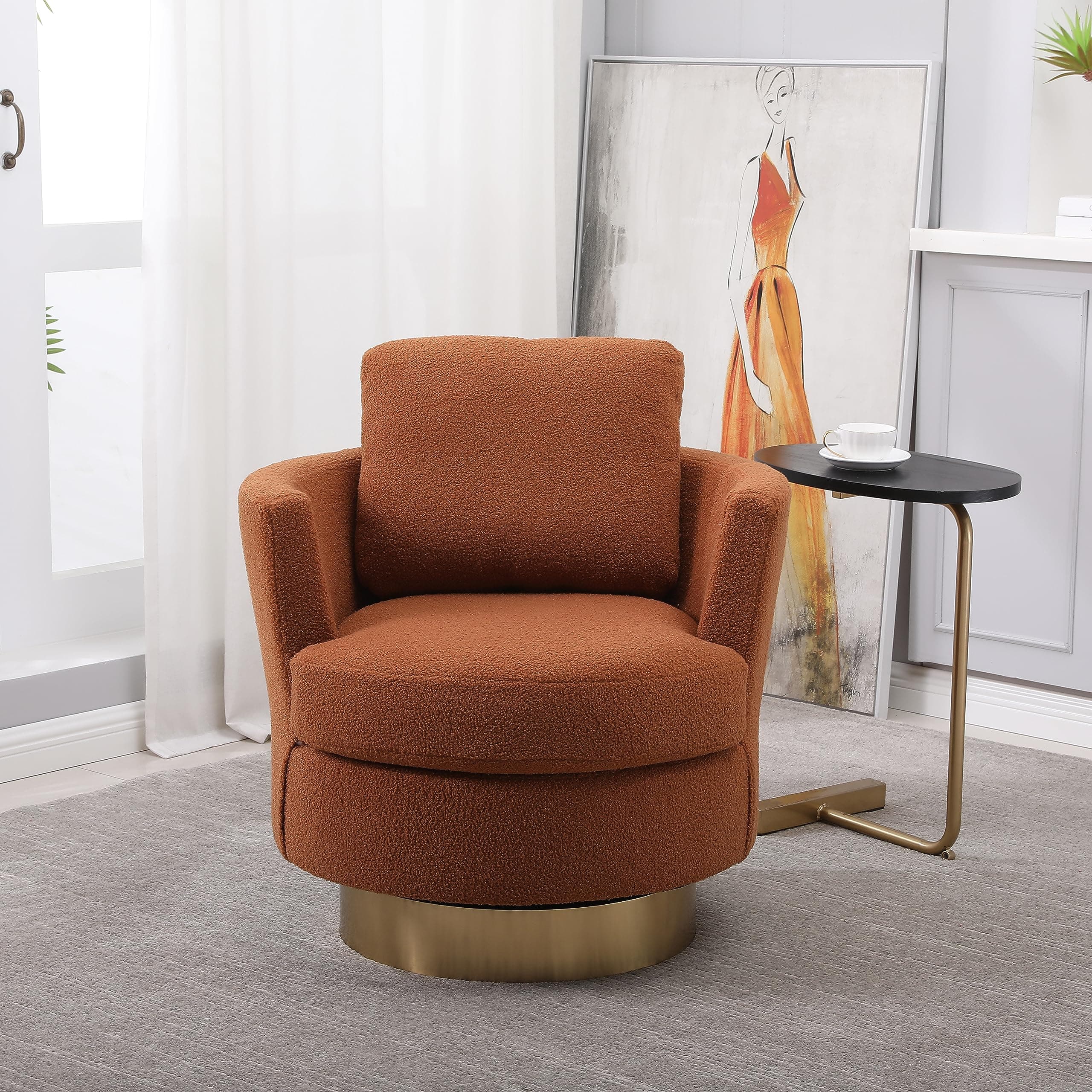 Kangmusi Brown Swivel Barrel Chair, Comfortable Living Room Accent Chair with Gold Base