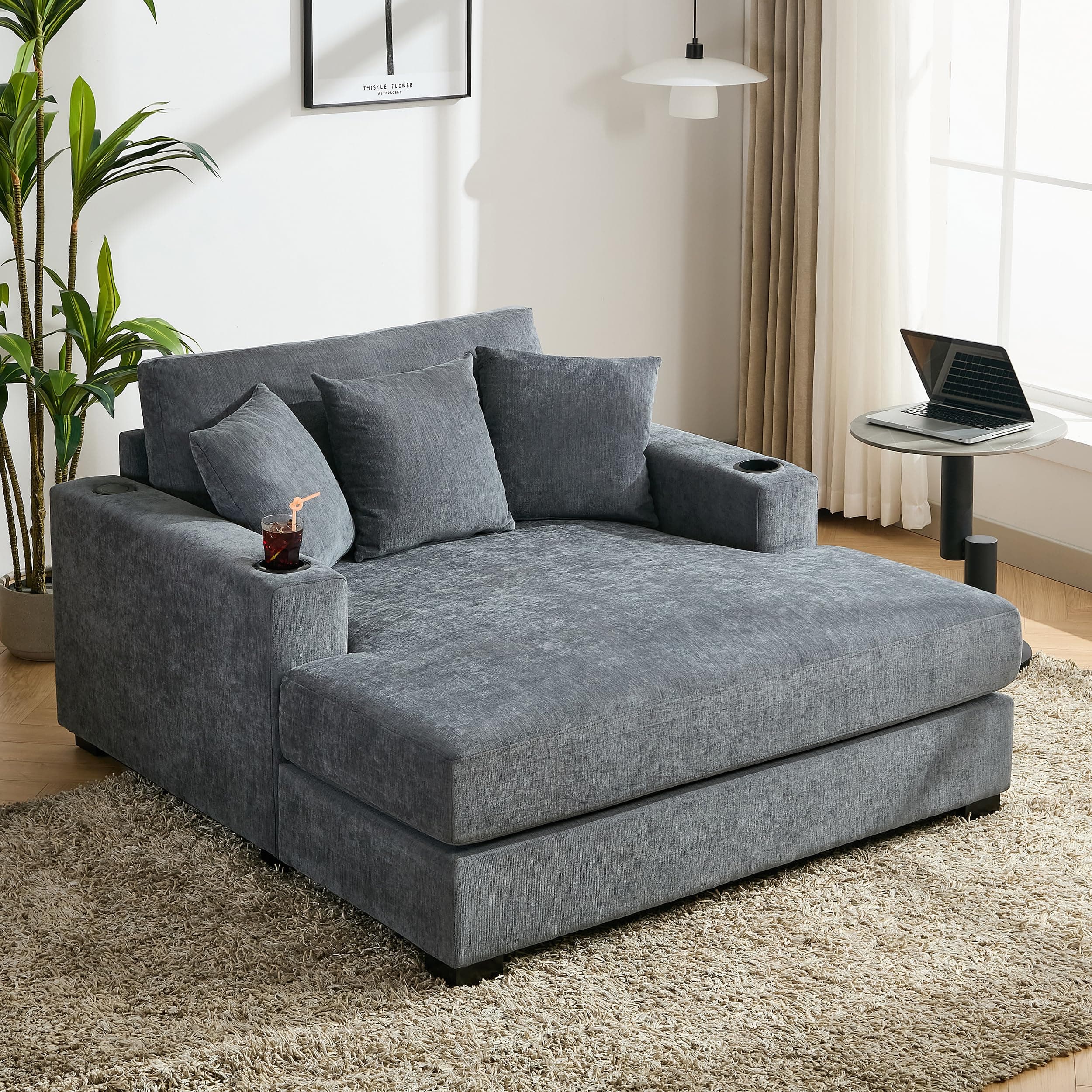 Blue-gray 55" Oversized Chaise Lounger with Chenille Fabric, Pillows, Charge Station & Cup Holders