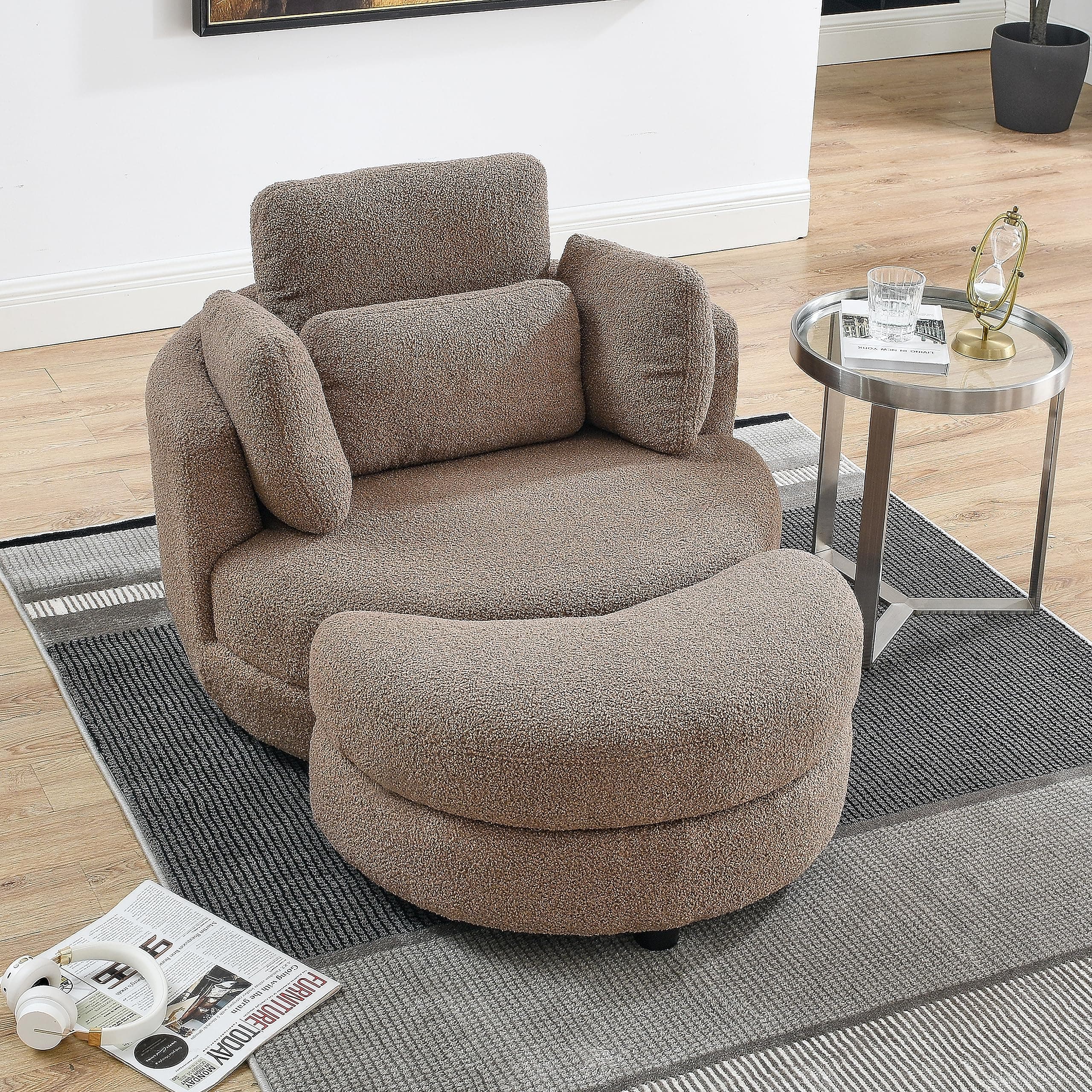 360° Swivel Barrel Chair with Half Moon Ottoman - 39W Sherpa Teddy Upholstered Accent Chair for Living Room, Bedroom, Office, and Reading Nook